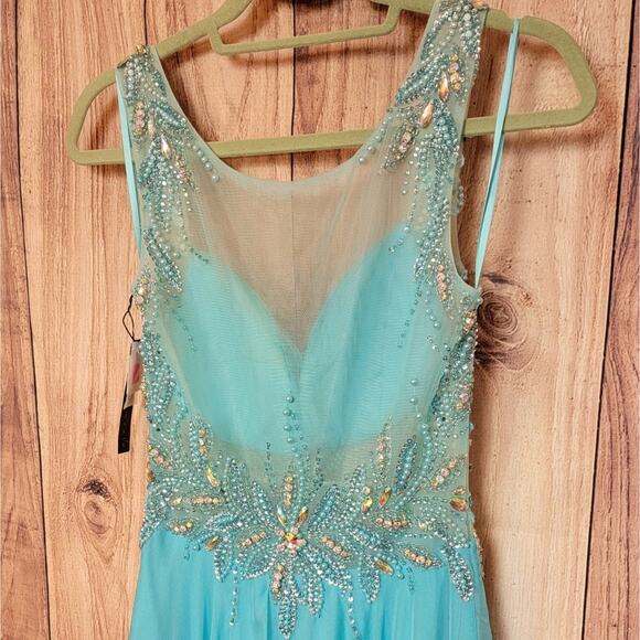 NWT Morrell Maxie Aqua Blue Sheer Back Gown, Style # 14825, Sz 4 - Picture 9 of 11
